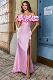 Stylish Pink Mermaid Off the Shoulder Satin Long Prom Dress With Silt