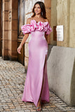 Stylish Pink Mermaid Off the Shoulder Satin Long Prom Dress With Silt