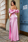 Stylish Pink Mermaid Off the Shoulder Satin Long Prom Dress With Silt