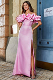 Stylish Pink Mermaid Off the Shoulder Satin Long Prom Dress With Silt