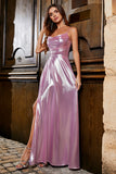 Metallic Pink A Line Spaghetti Straps Long Prom Dress With Slit