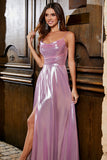 Metallic Pink A Line Spaghetti Straps Long Prom Dress With Slit