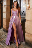 Metallic Pink A Line Spaghetti Straps Long Prom Dress With Slit