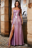 Metallic Pink A Line Spaghetti Straps Long Prom Dress With Slit