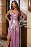 Metallic Pink A Line Spaghetti Straps Long Prom Dress With Slit