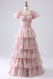 Blush A Line Square Neck Tiered Prom Dress with Ruffles