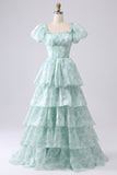 Light Blue Floral A Line Square Neck Tiered Long Prom Dress With Ruffles