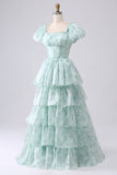 Light Blue Floral A Line Square Neck Tiered Long Prom Dress With Ruffles