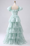 Light Blue Floral A Line Square Neck Tiered Long Prom Dress With Ruffles