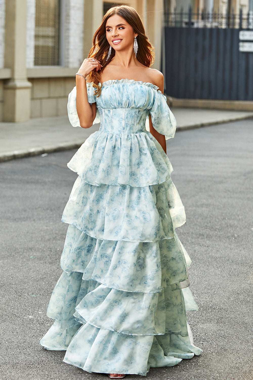 Floral blue prom dress best sale