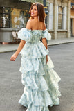 Light Blue Floral A Line Square Neck Tiered Long Prom Dress With Ruffles