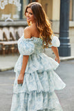 Light Blue Floral A Line Square Neck Tiered Long Prom Dress With Ruffles