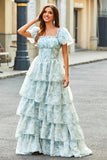 Light Blue Floral A Line Square Neck Tiered Long Prom Dress With Ruffles