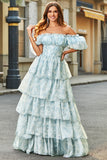 Light Blue Floral A Line Square Neck Tiered Long Prom Dress With Ruffles