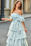 Light Blue Floral A Line Square Neck Tiered Long Prom Dress With Ruffles