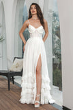 Simple White Ruffled Chiffon Corset Engagement Party Dress with Slit