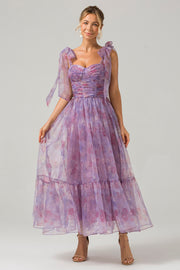 Purple A Line Pleated Printed Tea-Length Bridesmaid Dress