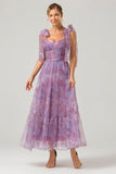 Purple A Line Pleated Printed Tea-Length Bridesmaid Dress