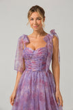 Purple A Line Pleated Printed Tea-Length Bridesmaid Dress