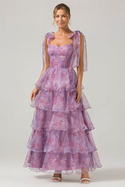 A Line Purple Long Printed Tiered Bridesmaid Dress