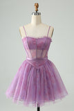 Purple A Line Spaghetti Straps Floral Corset Short Prom Dress