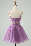 Purple A Line Spaghetti Straps Floral Corset Short Prom Dress