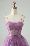 Purple A Line Spaghetti Straps Floral Corset Short Prom Dress