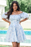 Light Blue A Line Square Neck Flowy Short Prom Dress