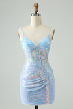 Glitter Light Blue Tight Spaghetti Straps Short Prom Dress with Sequins