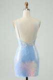 Glitter Light Blue Tight Spaghetti Straps Short Prom Dress with Sequins