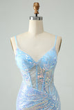 Glitter Light Blue Tight Spaghetti Straps Short Prom Dress with Sequins