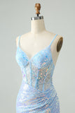 Glitter Light Blue Tight Spaghetti Straps Short Prom Dress with Sequins