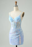 Glitter Light Blue Tight Spaghetti Straps Short Prom Dress with Sequins