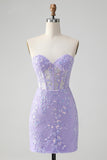 Lilac Corset Sequins Sweetheart Short Embroidery Prom Dress with Lace-up Back