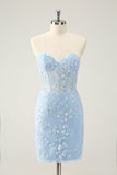 Light Blue Corset Sequins Sweetheart Short Tight Prom Dress with Lace-up Back