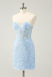 Light Blue Corset Sequins Sweetheart Short Tight Prom Dress with Lace-up Back