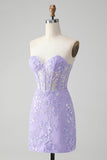 Lilac Corset Sequins Sweetheart Short Embroidery Prom Dress with Lace-up Back