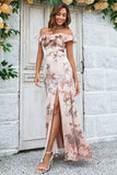 Blush Flower Printed Mermaid Off The Shoudler Floor-Length Dress with Slit