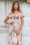 Blush Flower Printed Mermaid Off The Shoudler Floor-Length Dress with Slit