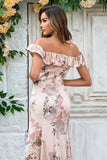 Blush Flower Printed Mermaid Off The Shoudler Floor-Length Dress with Slit