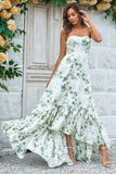 Green Asymmetrical Printed Long Wedding Party Dress with Pocket