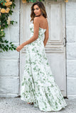 Green Asymmetrical Printed Long Wedding Party Dress with Pocket