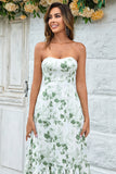 Green Asymmetrical Printed Long Wedding Party Dress with Pocket