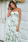 Green Asymmetrical Printed Long Wedding Party Dress with Pocket