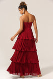 Strapless Tiered Burgundy Long Bridesmaid Dress