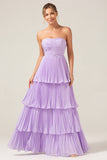 Lilac A-Line Sweetheart Pleated Tiered Strapless Bridesmaid Dress