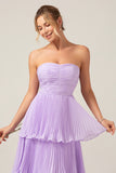 Lilac A-Line Sweetheart Pleated Tiered Strapless Bridesmaid Dress