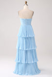 Sky Blue A Line Strapless Pleated Tiered Bridesmaid Dress
