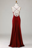 Simple A Line Lace-Up Back Burgundy Long Bridesmaid Dress with Criss Cross Back