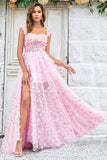 A-line Off The Shoulder Pink Long Bridesmaid Dress with 3D Flowers